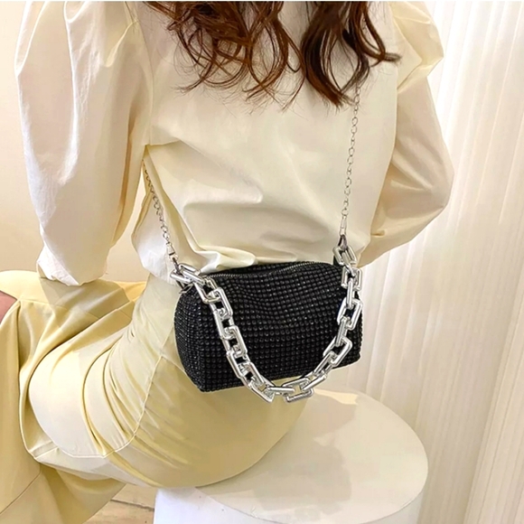 #R New Woman's Chain Rhinestone Mini Barrel Crossbody Purse Black Y2K Style - Picture 8 of 12